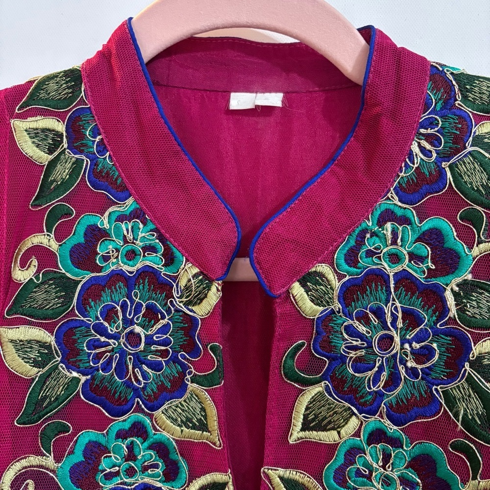 Magenta Embroidered Anarkali Gown Handmade Lined Tulle Outer Layer Indian Sz M - Picture 10 of 15